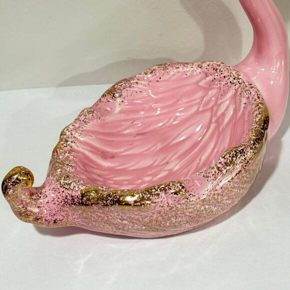 Mid Century Pink ceramic swan figure figurine ashtray soap dish gold highlights - Picture 6 of 7